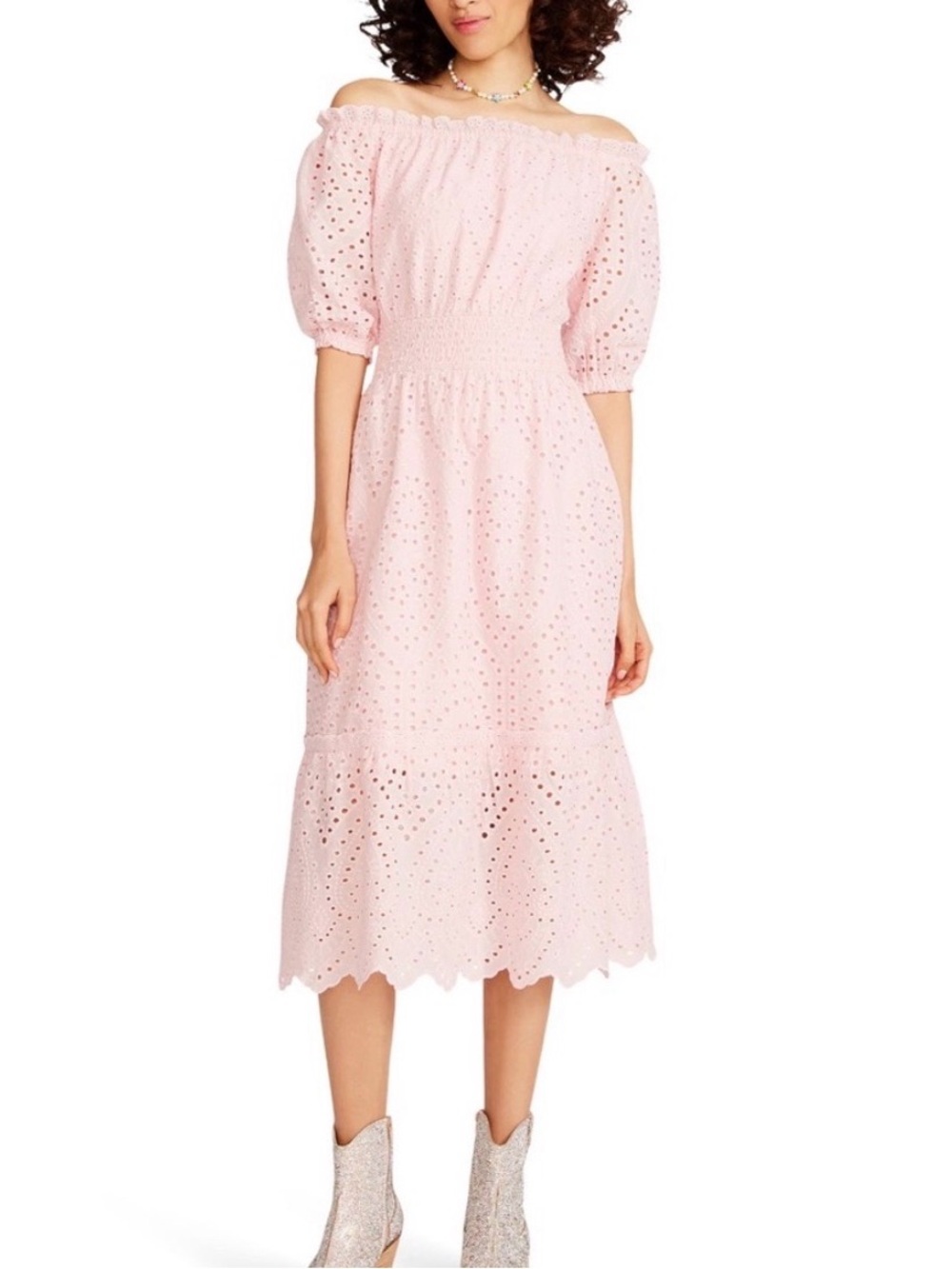 NWT- Betsy Johnson Off-the-Shoulder Eyelet Midi w/Embroidered Scalloped Edges
